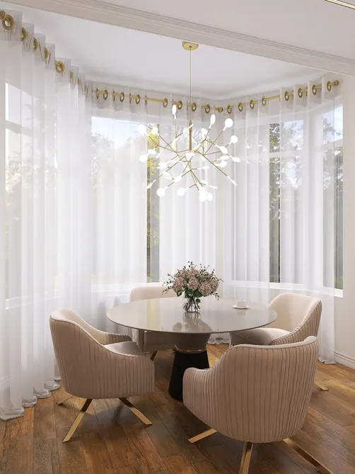 Elegant dining area featuring a round table and plush chairs, designed with a modern style, showcasing the smart furniture arrangement feature in Homestyler for optimized small space use.