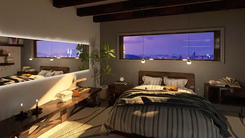 BEDROOM WITH A CITY VIEW