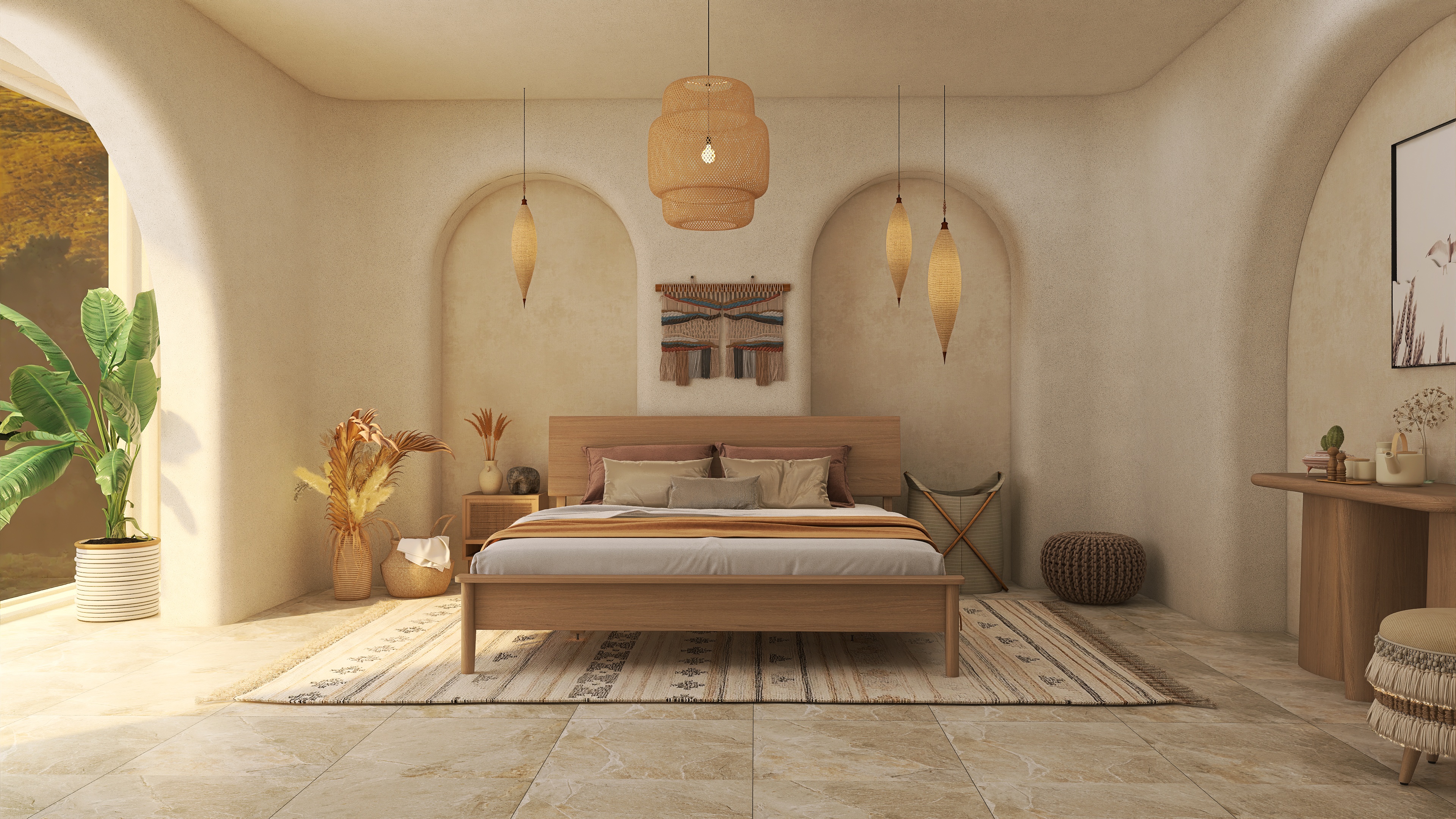 Sun at sunset in a Boho style bedroom