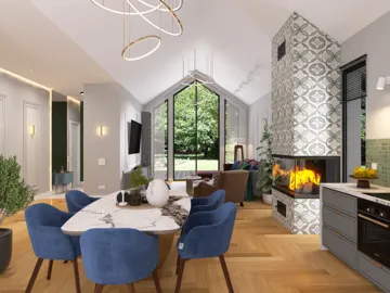 modern dining area featuring smart furniture arrangement with a stylish design, showcasing a spacious open-concept living environment, enhanced by Homestyler's real-time 3D rendering capabilities.