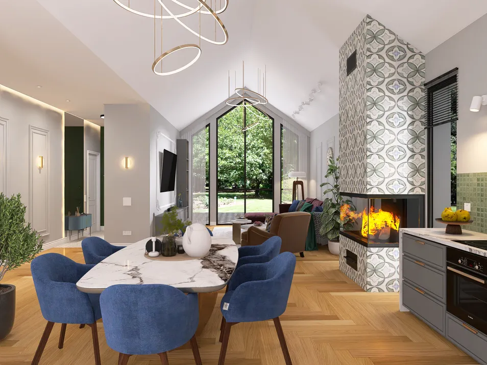 modern dining area featuring smart furniture arrangement with a stylish design, showcasing a spacious open-concept living environment, enhanced by Homestyler's real-time 3D rendering capabilities.