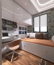 cozy bedroom with a multifunctional bed and workspace, featuring modern design elements and warm tones that enhance the space's comfort in interior decor, utilizing Homestyler's real-time 3D rendering functionality.