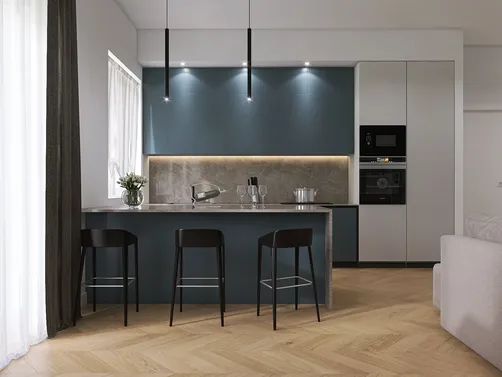 modern kitchen design featuring a stylish bar area with black stools and blue cabinetry, showcasing a contemporary aesthetic with emphasis on space optimization using Homestyler's smart furniture arrangement feature.