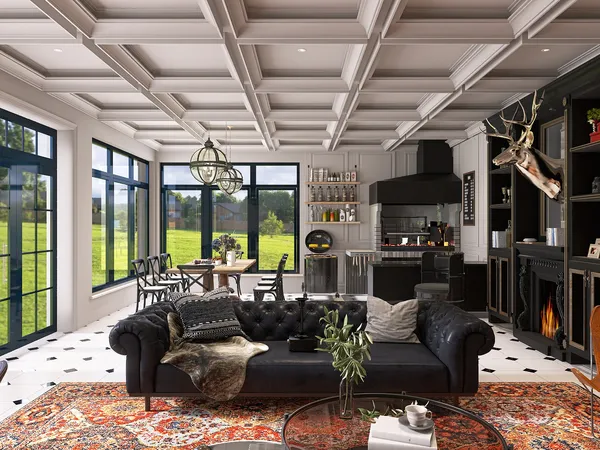 spacious living room featuring a black leather sofa with a contemporary design style, showcasing an open layout that maximizes natural light, utilizing Homestyler's real-time 3D rendering for an immersive interior design experience.