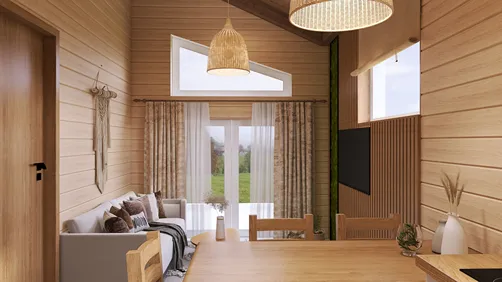 Cozy living room featuring a wooden interior design, showcasing a warm atmosphere with stylish furniture arrangement, enhancing space efficiency using Homestyler's interior decor tools.