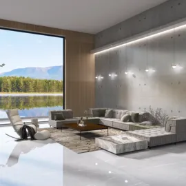 modern living room with sleek furniture arrangement using smart furniture placement for space optimization in a contemporary style, showcasing Homestyler's 3D rendering feature.