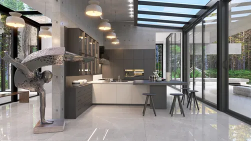 modern kitchen design featuring an open layout with sleek cabinetry and a central island, utilizing Homestyler's real-time 3D rendering for a realistic renovation preview.