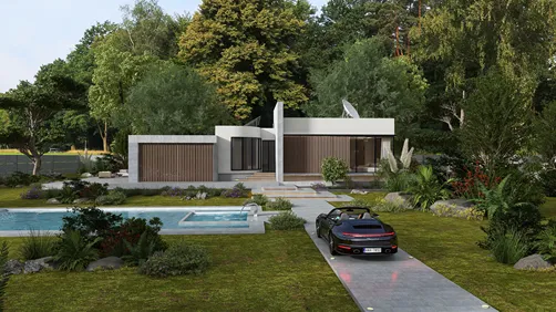 modern house exterior design featuring a sleek façade with wooden accents and lush landscaping, showcasing a harmony between architecture and nature; includes the use of Homestyler's real-time 3D rendering feature for realistic previews.