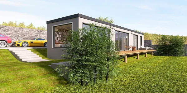 modern house exterior design featuring a contemporary structure and lush greenery, emphasizing outdoor space utilization with a natural setting, utilizing Homestyler's real-time 3D rendering for accurate preview.