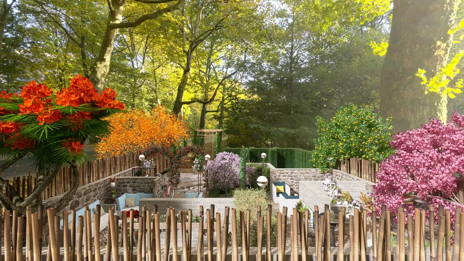 lush garden landscape design featuring vibrant flowers and lush greenery, creating an inviting outdoor space, showcasing Homestyler's real-time 3D rendering feature.