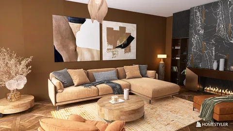 Cozy living room featuring a stylish sectional sofa and artistic wall decor, designed with a modern aesthetic for an inviting atmosphere. Includes furniture arrangement using Homestyler's smart furniture layout feature.