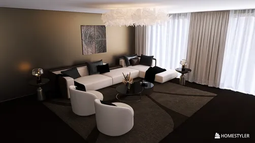 modern living room design featuring a chic sectional sofa arrangement with elegant decor elements, showcasing an interior decor aesthetic; utilizing Homestyler's real-time 3D rendering feature for a quick design preview.