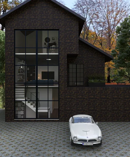 modern house exterior design with a sleek car parked in front, showcasing contemporary architecture and landscaping, featuring Homestyler's real-time 3D rendering for effective design proposal presentations.