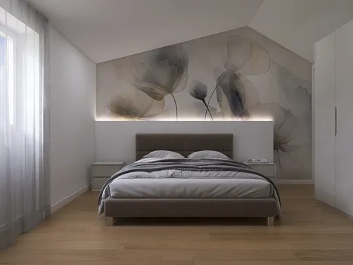 modern bedroom design featuring a cozy bed with a soft headboard and floral wall art, utilizing Homestyler's intelligent furniture arrangement for optimal space use.
