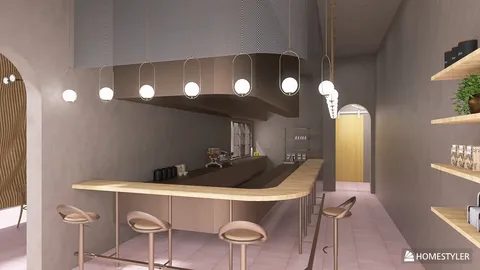 Modern cafe interior featuring a sleek bar with minimalist seating, designed using Homestyler's real-time 3D rendering for a stylish atmosphere.