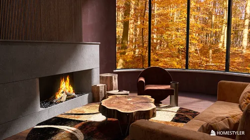 cozy living room with modern fireplace showcasing a natural wood coffee table and plush seating arrangement, featuring autumn view through large windows, utilizing Homestyler's real-time 3D rendering feature for interior design visualization.