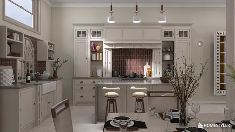 Stylish kitchen interior designed with modern features and a classic color scheme, showcasing furniture arrangement optimized with Homestyler's smart furniture placement, highlighting space efficiency in home design.