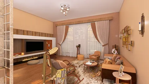 modern living room design showcasing stylish furniture arrangement in a warm color palette, utilizing Homestyler's real-time 3D rendering feature for an immersive interior decor experience.