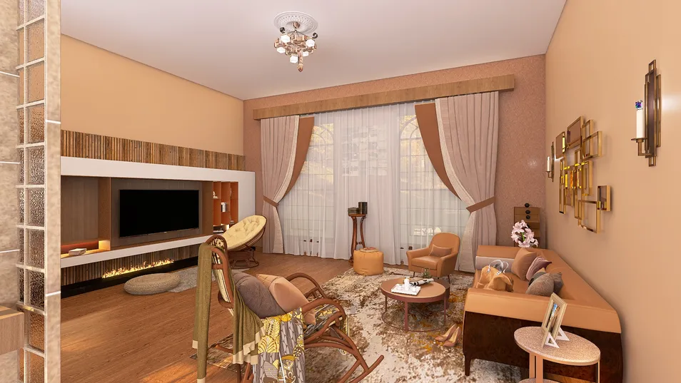 modern living room design showcasing stylish furniture arrangement in a warm color palette, utilizing Homestyler's real-time 3D rendering feature for an immersive interior decor experience.