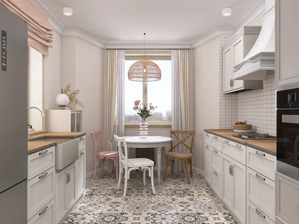 modern kitchen design with a cozy dining area featuring a wooden table and decorative chairs, showcasing the use of Homestyler's real-time 3D rendering for effective space optimization