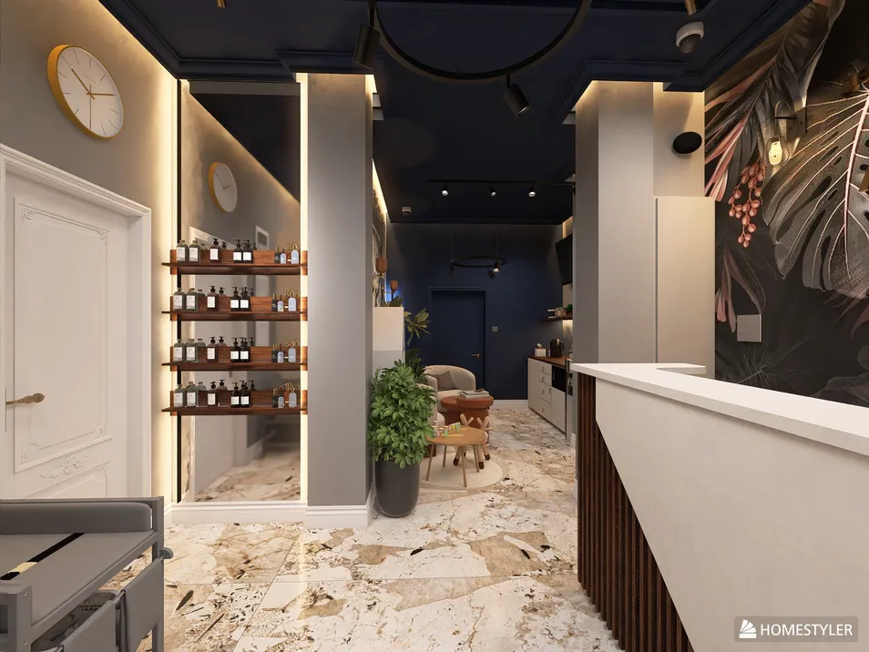 Modern reception area featuring a sleek counter and elegant shelving with products, designed for a beauty salon; showcases the use of Homestyler's real-time 3D rendering feature for an accurate visual presentation.