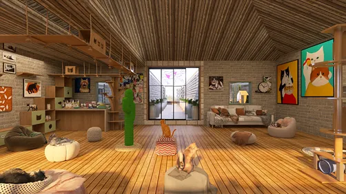 spacious pet-friendly living room featuring wooden flooring and cozy furniture arrangement in a modern rustic style, showcasing a vibrant atmosphere with artful pet portraits, leveraging Homestyler's real-time 3D rendering for accurate design visualization.