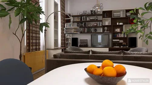 Modern living room design showcasing a cozy atmosphere with a stylish furniture arrangement featuring a sleek coffee table and comfortable sofas, enhanced by soft lighting and decorative plant elements, utilizing Homestyler's real-time 3D rendering feature for an immersive interior decor experience.