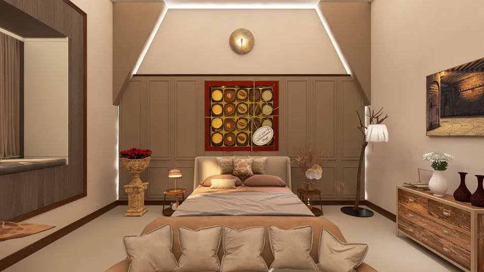 luxurious bedroom design featuring a cozy bed arrangement with elegant decor elements in a contemporary style, showcasing Homestyler's real-time 3D rendering feature for accurate design previews.