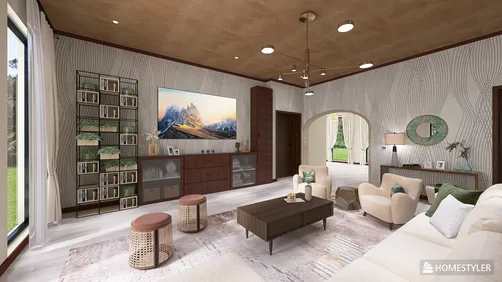 A cozy living room featuring a modern design with a comfortable sofa and stylish furniture arrangement, enhanced by Homestyler's real-time 3D rendering for an interior design preview.