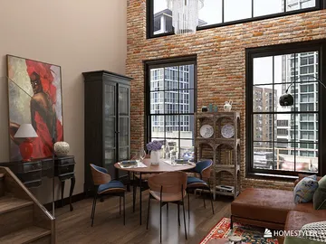 modern dining area featuring a wooden table and stylish chairs, showcasing an industrial design style with exposed brick walls, highlighting interior decor using Homestyler's real-time 3D rendering feature.