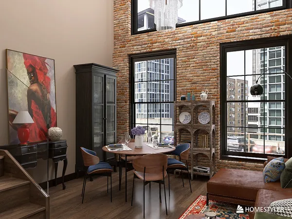 modern dining area featuring a wooden table and stylish chairs, showcasing an industrial design style with exposed brick walls, highlighting interior decor using Homestyler's real-time 3D rendering feature.