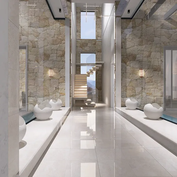 Modern hallway design featuring elegant stone wall finishes and sleek flooring, showcasing an open space with natural light; ideal for interior decor and real-time 3D rendering capabilities in Homestyler.