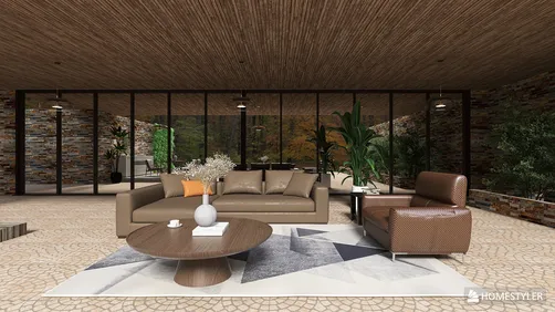 modern living room furniture arrangement in a cozy natural style ambiance, featuring smart furniture layout from Homestyler for optimal space utilization