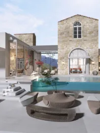 modern outdoor lounge area featuring a unique curved sofa and decorative planters around a swimming pool, showcasing contemporary landscaping and architectural design, utilizing Homestyler's 3D rendering for realistic visualization.