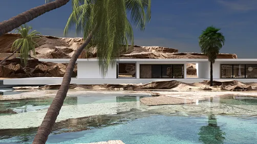 modern villa exterior design featuring a tropical landscape and serene water features, showcasing Homestyler's real-time 3D rendering capability.