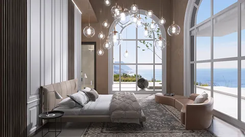 luxurious bedroom featuring a modern bed and elegant lighting design, showcasing a coastal view, with Homestyler's real-time 3D rendering for interior design visualization.