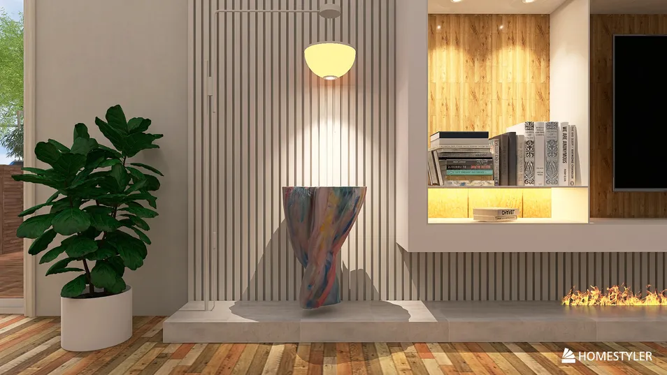 Colorful abstract vase adds artistic flair to modern living room decor while showcasing Homestyler's real-time 3D rendering feature.