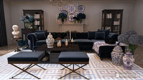 luxurious living room featuring elegant furniture arrangement with a classic touch, showcasing interior decor optimization using Homestyler's real-time 3D rendering.