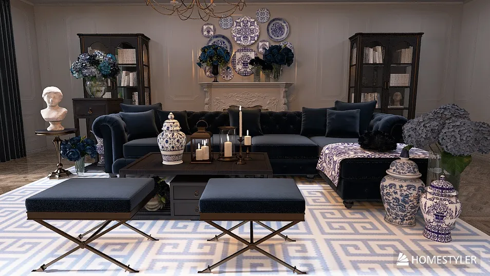 luxurious living room featuring elegant furniture arrangement with a classic touch, showcasing interior decor optimization using Homestyler's real-time 3D rendering.