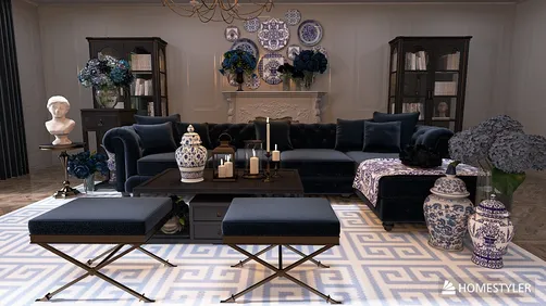 luxurious living room featuring elegant furniture arrangement with a classic touch, showcasing interior decor optimization using Homestyler's real-time 3D rendering.