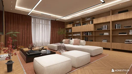 Modern living room with spacious layout and elegant furnishings showcasing a cozy ambiance, featuring realistic 3D rendering for design proposal visualization using Homestyler.