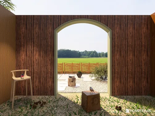 interior space with arched doorway and natural light entering, showcasing a wooden wall design, featuring indoor plants and outdoor view, leveraging Homestyler's real-time 3D rendering for an immersive design presentation.