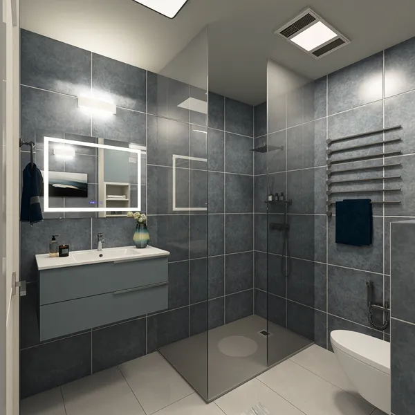 modern bathroom design featuring a sleek shower area and contemporary fixtures with a focus on optimizing space, utilizing Homestyler's real-time 3D rendering feature.