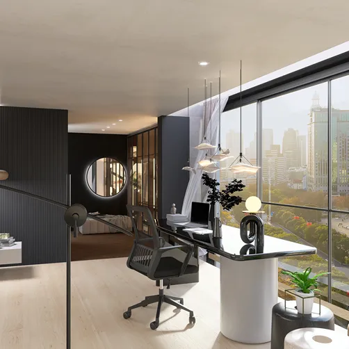 modern office interior design featuring a sleek desk with ergonomic chair, showcasing a minimalist style, enhancing workspace efficiency with Homestyler's real-time 3D rendering capabilities.