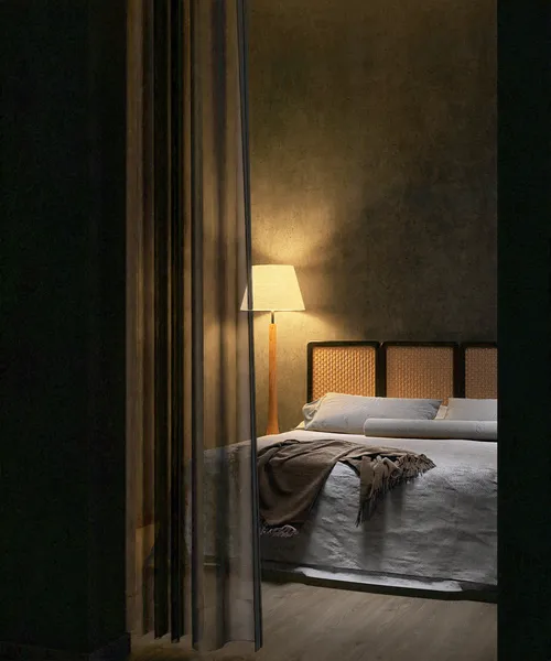 cozy bedroom design featuring a bed with stylish headboard and warm lighting, showcasing interior decor with a modern aesthetic, utilizing Homestyler's real-time 3D rendering feature for design proposals.