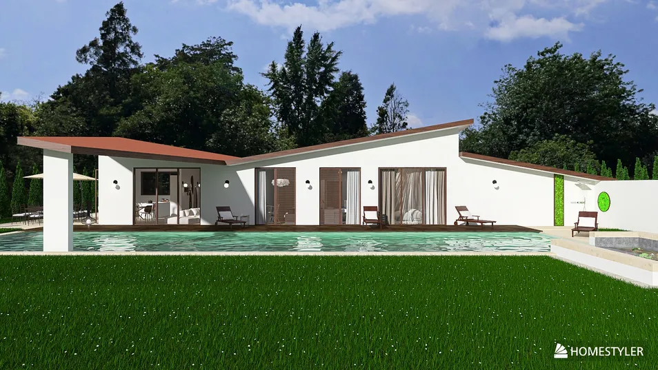 modern bungalow with large swimming pool featuring 3D rendering and landscape design, showcasing Homestyler's real-time 3D rendering functionality for an outdoor living space.