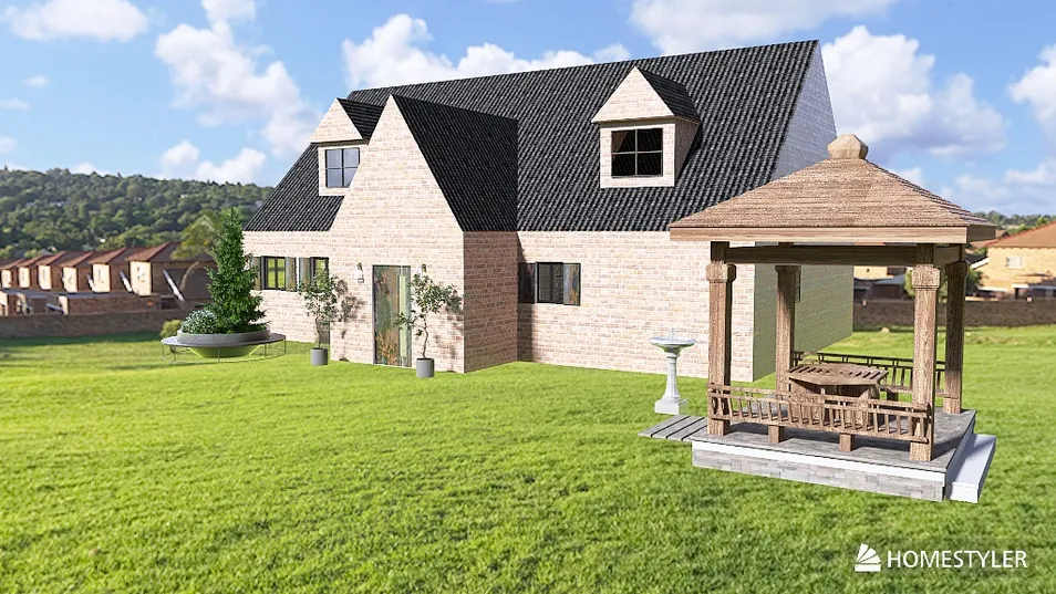 charming house exterior design showcasing a modern façade with a traditional touch in a grassy landscape featuring a gazebo and garden, highlighting outdoor living spaces using Homestyler's real-time 3D rendering feature.