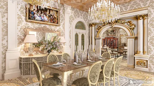 Elegant dining room featuring luxurious furniture arrangement and ornate decor, embodying classic opulence, showcasing interior design for formal dining settings, enhanced by Homestyler's real-time 3D rendering capabilities.
