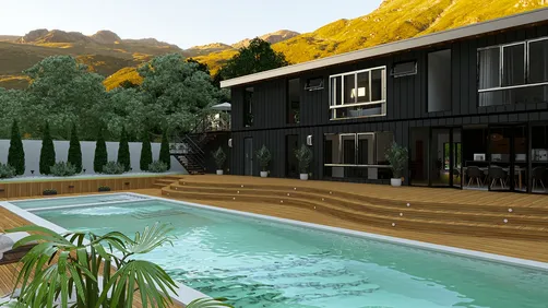 modern house exterior with pool design featuring 3D rendering style for outdoor living spaces using Homestyler's real-time 3D rendering feature