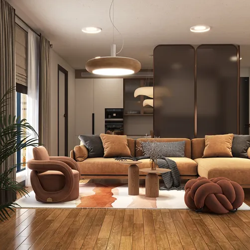 Cozy living room with modern sofa arrangement in warm tones showcasing interior design principles, utilizing Homestyler's real-time 3D rendering feature for effective space visualization.